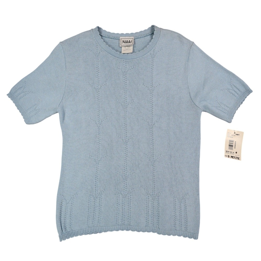 Nikki Short Sleeve Sweater Womens Small Petite Vintage 90s Dove Blue Pointelle